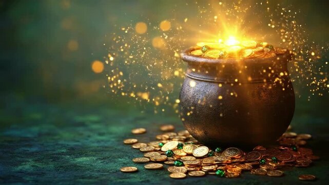 Overflowing pot of gold coins sparkling with magic on green background. Saint Patrick's Day, St Paddy's Day, St Patty's Day - Irish National Holiday and Cultural Celebration