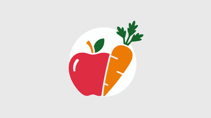 Healthy food symbols apple and carrot halves in white circle on gray background representing nutrition and wellness concept