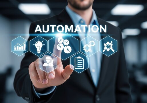 Businessman interacting with automation icons in modern office setting with technology