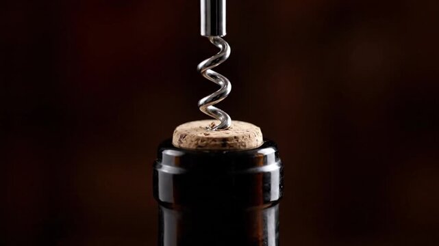 Close up of a corkscrew removing a cork from a wine bottle, slow motion