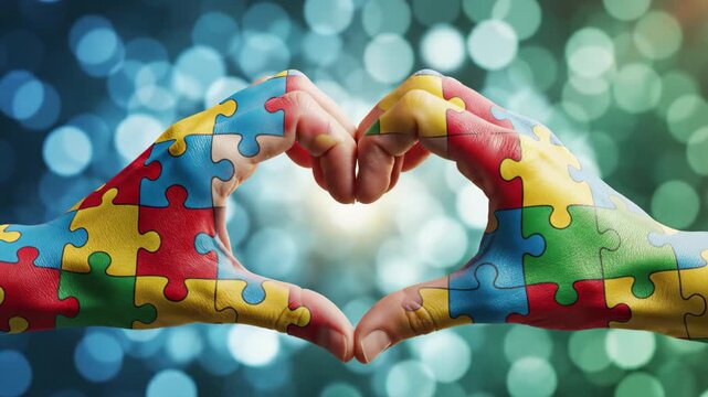 Hands forming a heart shape painted with colorful autism puzzle pieces against a bokeh background