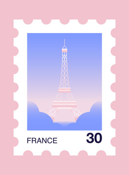 Minimalist postage stamp illustration featuring the Eiffel Tower in soft pink and blue gradient colors. Stylized travel stamp design with perforated edges.
Travel to France. Summer vacation. 