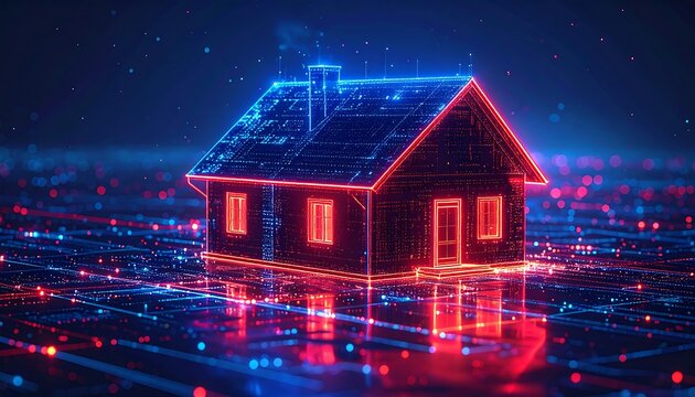 A futuristic house with neon outlines and circuit-like background