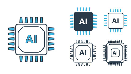 Collection of AI processor chips and icons representing artificial intelligence technology.