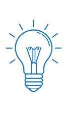 A simple blue line drawing of a lightbulb on a white background