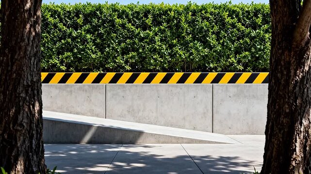 Concrete wall with hedge and caution tape
