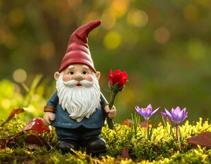 Obraz premium A garden gnome with a red hat holding a red rose
