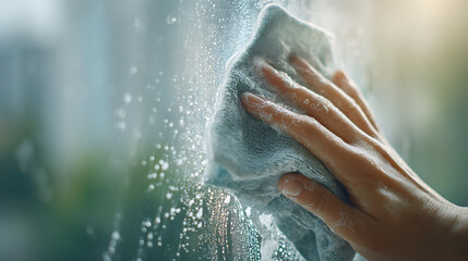 Fototapeta premium Hand Cleaning Window With Cloth and Soap Foam Streak