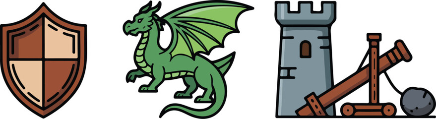 Fototapeta premium edieval Castle & Fantasy Elements Outline Icons Shields, Dragon, and Siege Weapons