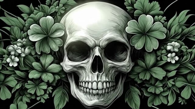 Skull surrounded by lush greenery and white flowers in detailed illustration. Saint Patrick's Day, St Paddy's Day, St Patty's Day - Irish National Holiday and Cultural Celebration