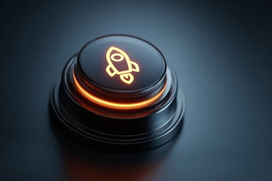 A modern push button with a glowing rocket icon