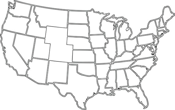 Vector illustration of United States map outline featuring state borders for geography and travel concepts