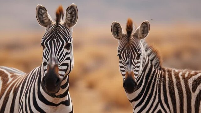 Two Zebras Standing Together in a Field with a Blurred Background