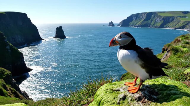 Atlantic puffin standing on mossy cliff edge overlooking bright blue ocean and coastal sea stacks
