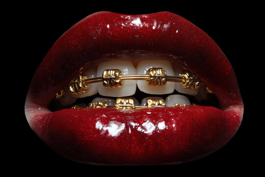 Close-up gold braces on teeth dental orthodontic treatment macro photography glossy lips