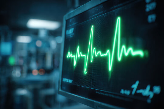 Medical ECG heart monitor display with vital signs in hospital intensive care unit at night