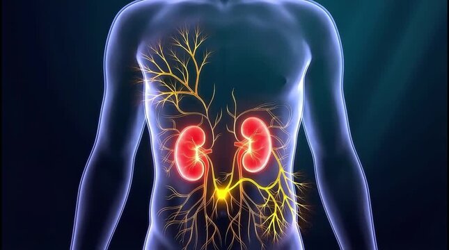 Human Body with Visible Kidneys and Nervous System, Medical Animation of Internal Organs.