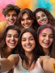 Obraz premium Young Indian Friends Taking a Selfie During Holi Festival Celebration. Fictional Character Created By Generative AI