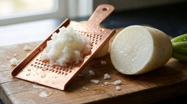 Freshly Grated Daikon Radish (Daikon Oroshi) on Traditional Japanese Copper Grater - Rustic Kitchen Food Photography