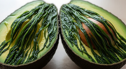 Ripe avocado cut in half revealing creamy flesh and fibrous texture