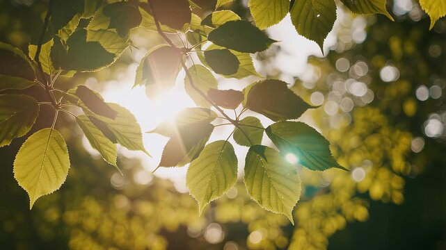 Golden sunlight filtering through vibrant green leaves on a tree branch, creating a beautiful natural glow in the forest