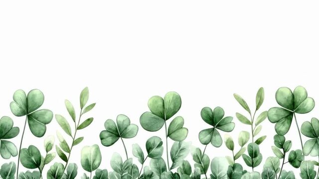 Watercolor clover border with green leaves on white background. Saint Patrick's Day, St Paddy's Day, St Patty's Day - Irish National Holiday and Cultural Celebration