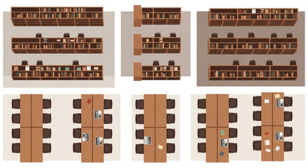 Top-down view of library interior with bookshelves and conference tables, perfect for design. © Sugi