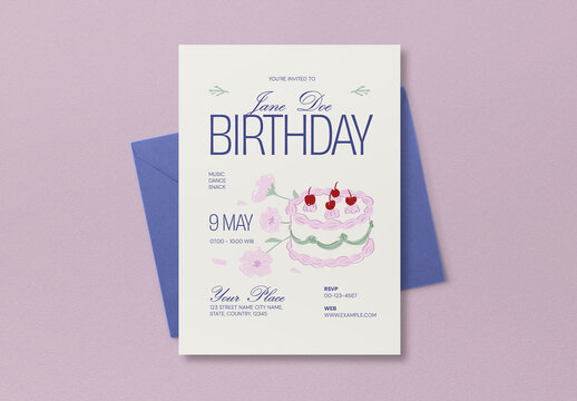 Blue Floral Birthday Party Invitation