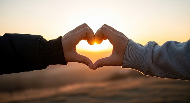 Hands forming a heart shape during a serene sunset on a tranquil beach landscape