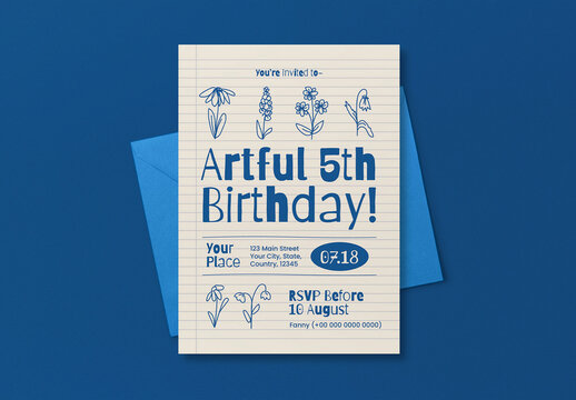 Blue And White Doodle Birthday Party Invitation