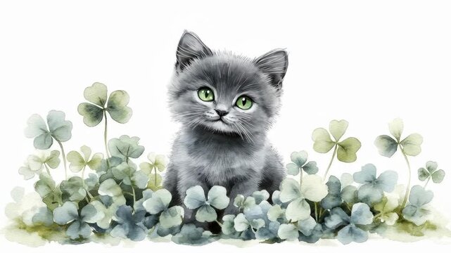 Adorable gray kitten in clover patch with bright green eyes. Saint Patrick's Day, St Paddy's Day, St Patty's Day - Irish National Holiday and Cultural Celebration