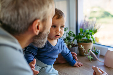 Obraz premium Father with little toddler son looking out of window.