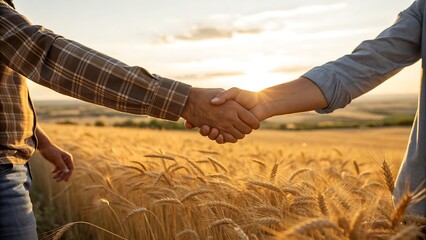 Business partners handshake in golden wheat field at sunset