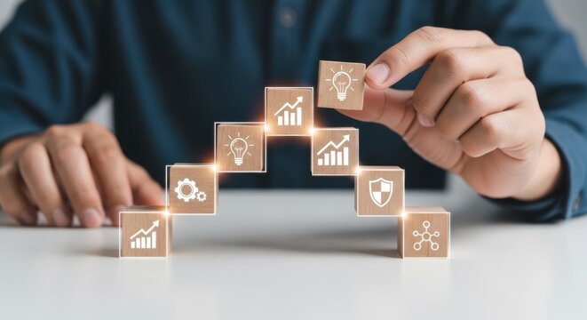  Future-proof innovation strategy and showing cubes arranged to withstand external pressures using wooden cubes, symbolic icons, human hand, natural depth of field, soft blurred background, clean whit