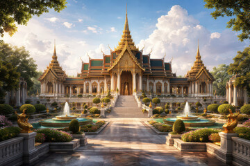 Obraz premium A grand architectural structure with ornate details, surrounded by lush gardens and fountains.