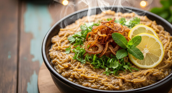 Traditional Egyptian Koshari with Crispy Onions and Lemon Garnish