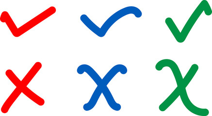A grid of checkmarks and crosses in red, blue, and green on transparent background.