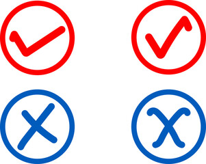 A simple graphic featuring checkmarks and crosses in red and blue circles isolated on transparent background