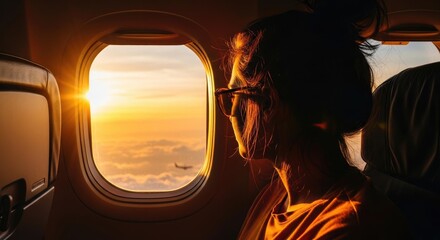 Fototapeta premium A man gazes out of an airplane window at a breathtaking sunrise above the clouds during flight