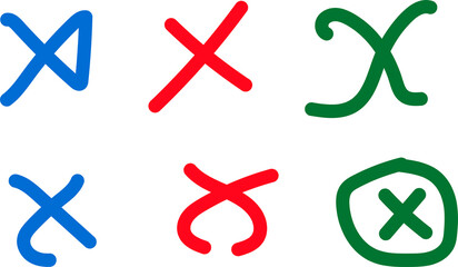 A collection of handwritten symbols and marks in different colors isolated on transparent background