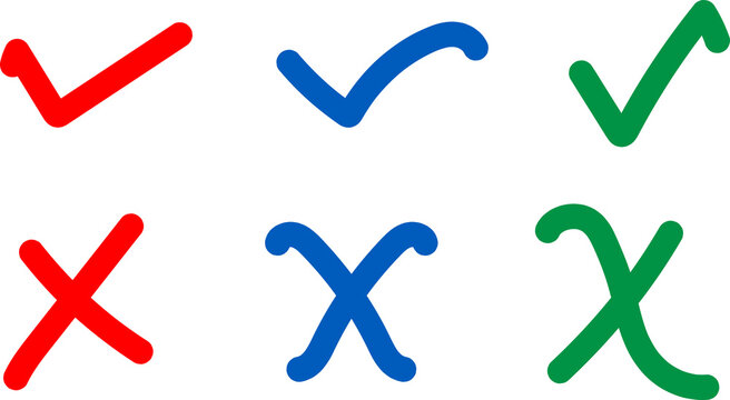A grid of checkmarks and crosses in red, blue, and green on transparent background.