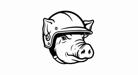 A black and white cartoon image of a pig's head wearing a hard hat