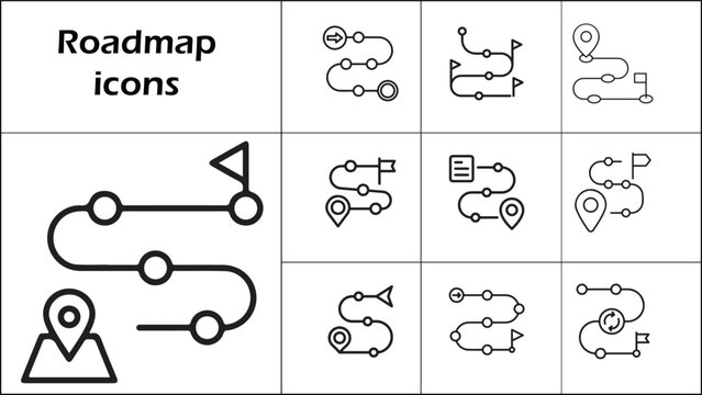 Roadmap Icons Set: Navigation Path, Journey, Planning, Strategy, Location Pin, and Destination Flags - Vector Graphics