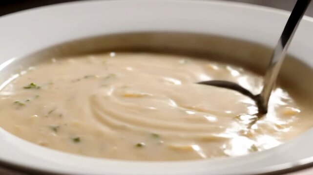 Creamy vegetable chowder being served into white bowl with ladle