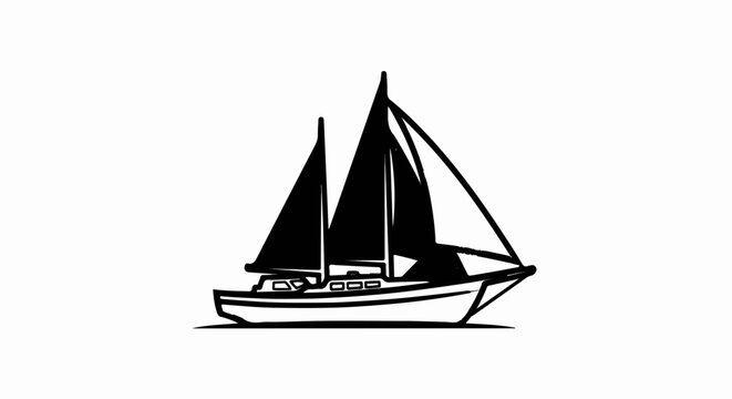 A black and white graphic of a two-masted sailboat with sails unfurled