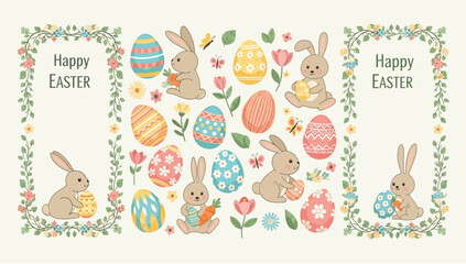 Fototapeta premium Delightful Easter Illustration Set Adorable Bunnies, Ornate Eggs, and Charming Spring Floral Elements for Holiday Celebrations and Creative Projects Concept
