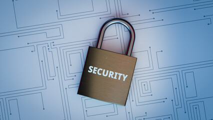 Technology data security padlock circuit pattern. 3d rendering