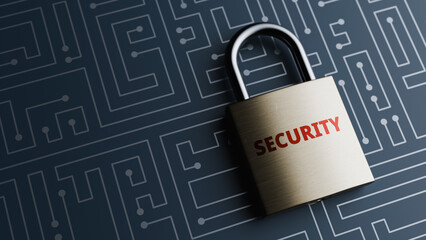 Cyber security padlock circuit board concept Copy space. 3d rendering