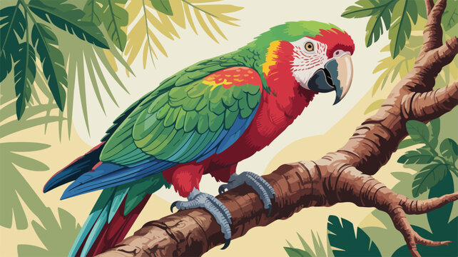Vibrant macaw perched on tropical tree branch with lush green leaves in sunny jungle environment