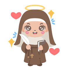 Cartoon nun character. Smiling nun with book and quill. Brown habit and halo. Heart and star decorations. Vector illustration on white background.
